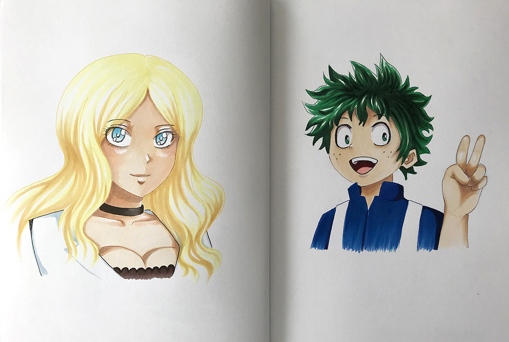 Essai de personnages manga sur le Comic Book de Clairefontaine.