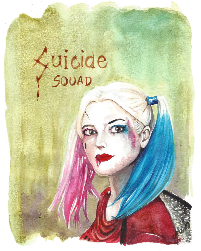 Dessin de Harley Quinn réalisé à l'aquarelle liquide Hydrus