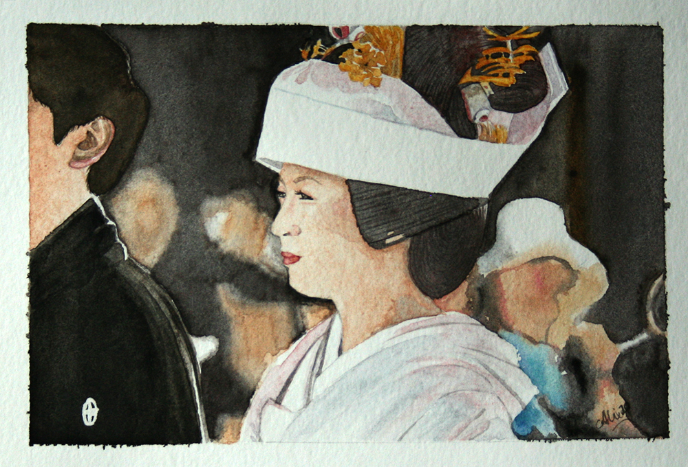 Fin de l'aquarelle sur la mariée japonaise