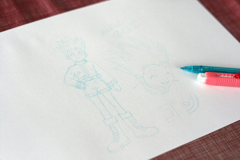 Croquis au crayon bleu de Gon Hunter x Hunter.