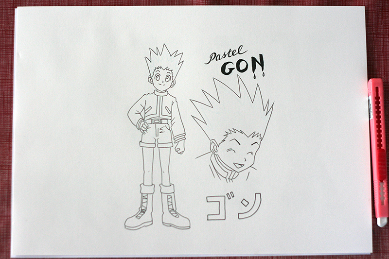 Encrage du dessin de Gon Hunter x Hunter avant colorisation au feutre à alcool